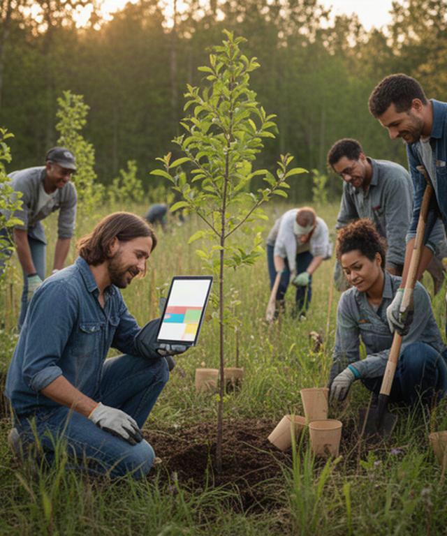 Volunteers planting young trees in a community restoration area while reviewing project information on a tablet