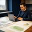 Tomasz Kowalski reviewing a Mac application at a desk with printed field maps